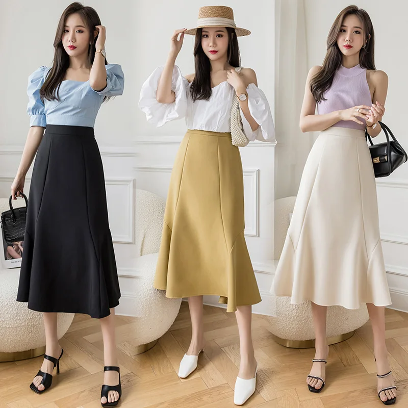 

2021 Spring and Summer New High Waist Skirt Irregular Knee Long Skirt with Fishtail Skirt