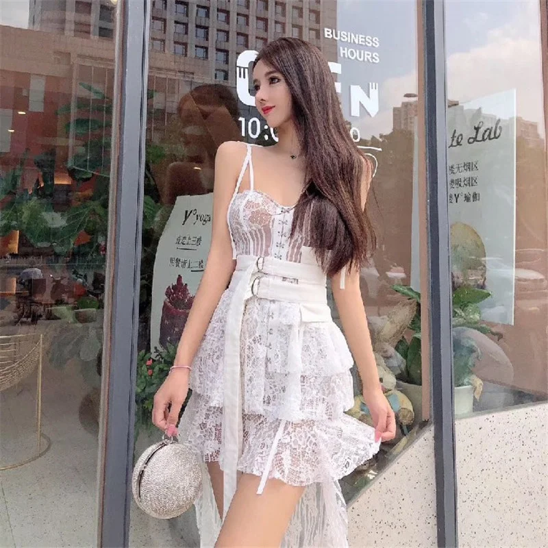 

Summer Lace Dress Women Spaghetti Strap Irregular See Through Mini Dress Club Gothic Sexy Dress White Patchwork Runway 2020 A789