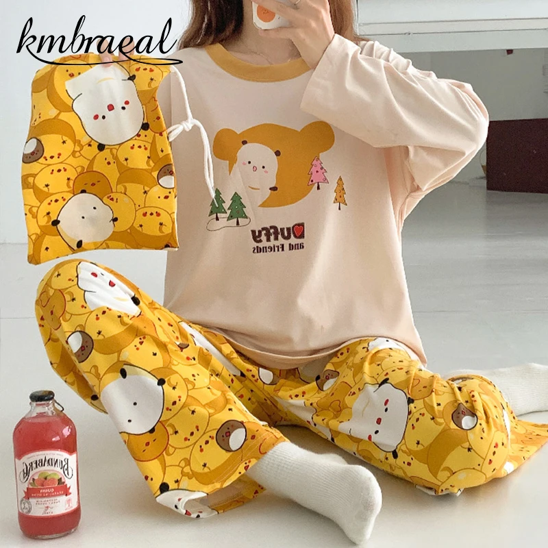 

Korean Pajamas Women New Autumn Cute Cartoon Print Pyjamas Girls Kawaii Bear Pijama Plus Size Sleepwear Sets 2 Piece Home Suit