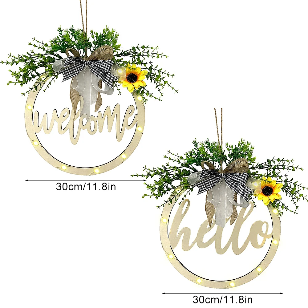 

Welcome Wreath Door Hanging Ornament Round Wooden Pendant Hello Door Decor Sign Artificial Flower Garland DIY Home Decoration