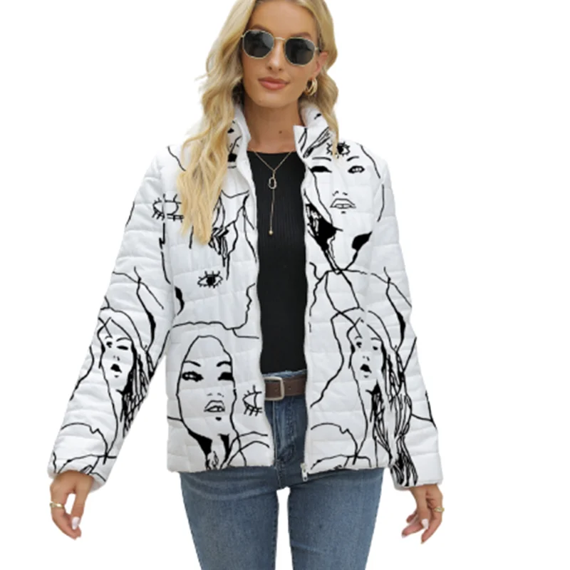 

Winter Thick Warm Women Coat Fashion Letter Portrait Print Zipper Cotton Jackets Woman Elegan Pocket Female Portable Outwear 2XL