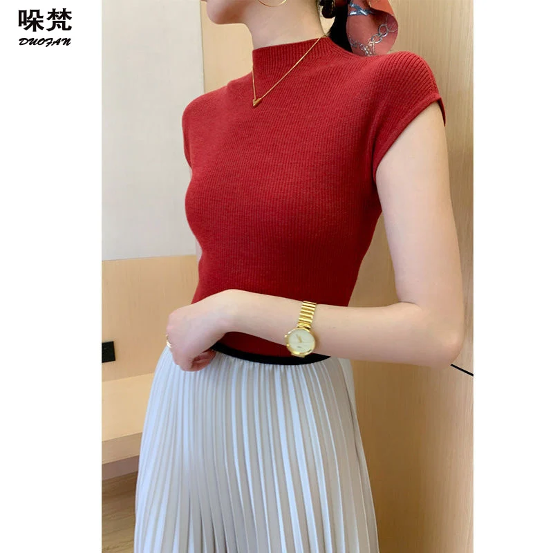 

DUOFAN 2021 New Summer Short Sleeve Sweater Women's Pullover Casual Slim Bottoming Sweaters Female Elastic Slim Tops Femme