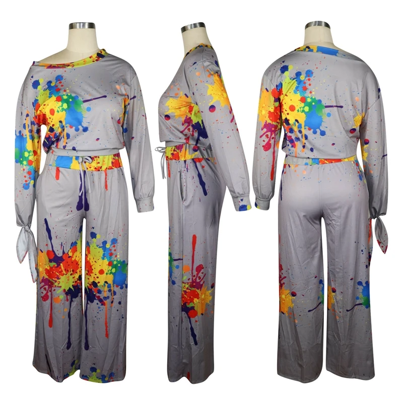 

ZOOEFFBB Fall Ink Jet Two Piece Outfits One Shoulder Long Sleeve Top and Pants Sexy Women Clothes Lounge Wear Matching Sets