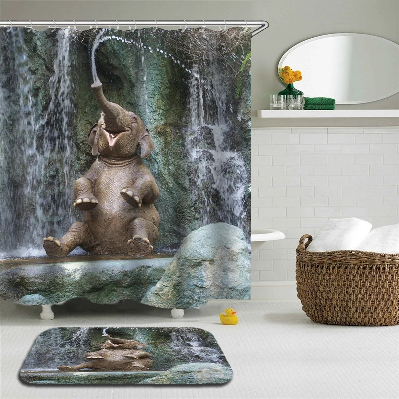 

Забавная занавеска для душа, набор для ванной, водонепроницаемые шторы из полиэстера с котом, акулой, детской шторкой и нескользящим наполь...