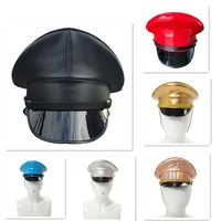 pu leather military hat performance stage show night bar cap captain cap nightclub security guard cap for adult men women