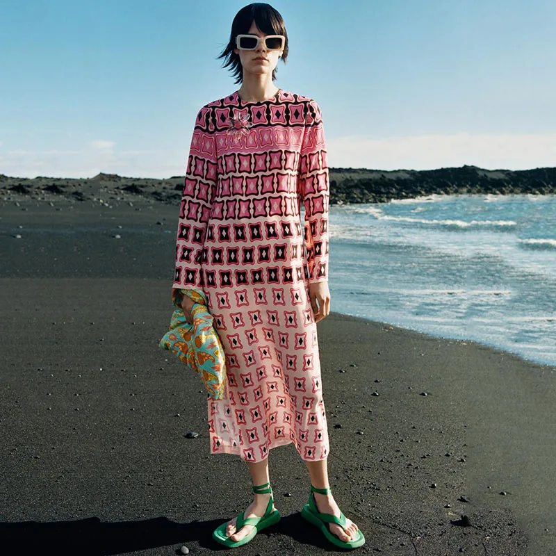 

Za O-Neck Long-Sleeve Women's Dress Vintage Geometric Printed Dresses Female Casual Fashion Aesthetic All-Match Chiffon Clothing