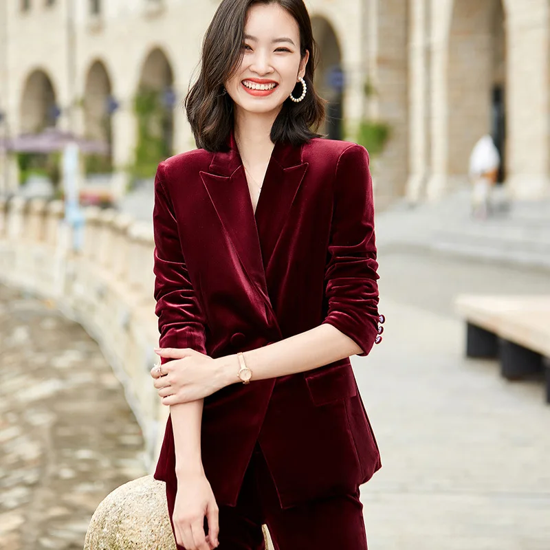 IZICFLY Autumn Winter High Quality Velvet Office Ladies Suit with Pant Two Piece Women Business Blazer Set For Interview Work