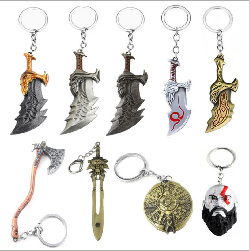 

God Of War 4 Blades of Chaos Broadsword Keychain Kuiye Axe Weapon Model Mask Car Key Metal Pendant Men Women Gift Jewelry