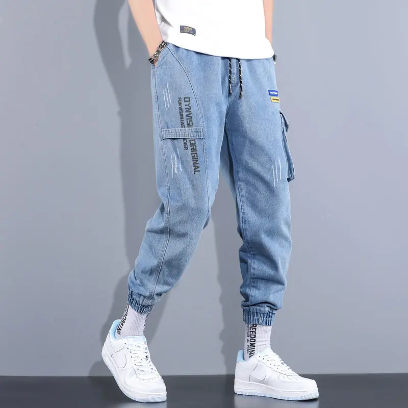 

Spring and summer light blue tooling jeans men's fashion brand big pocket loose hip hop trend Harlan legged pants men's