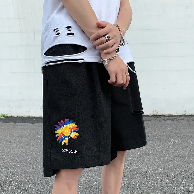 

2021 Summer Men's Popular Logo Loose Straight Jean Shorts Men's Trousers Wide Leg Korean Trend INS Holes Jean Shorts