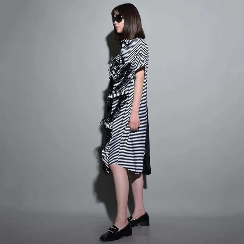 Женское асимметричное платье XITAO Черное длинное в полоску размера плюс с