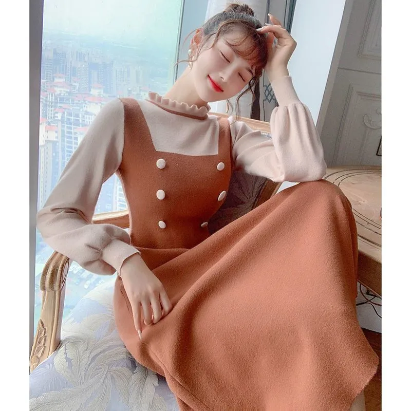 

Knit dress women 2021 spring French A-line skirt slim over the knee long skirt