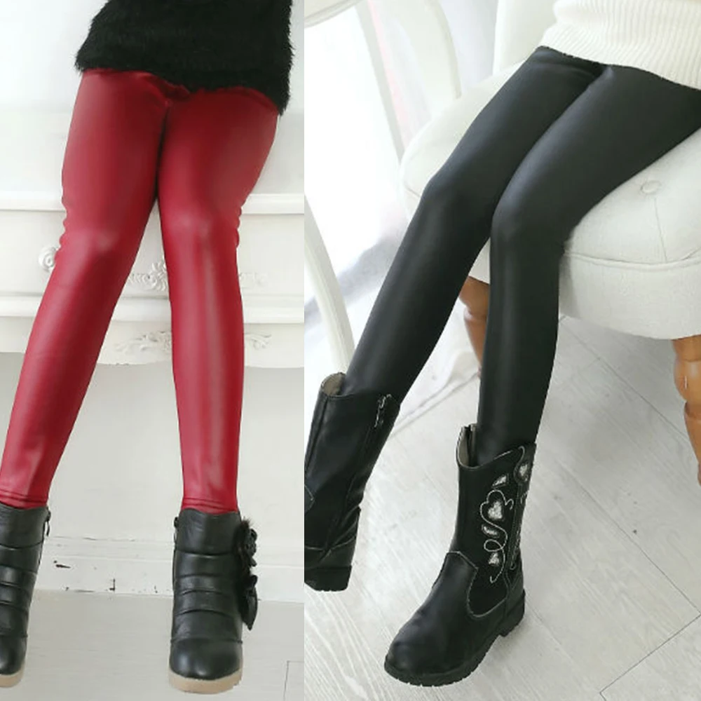 Леггинсы из искусственной кожи для девочек зимняя одежда маленьких утепленные