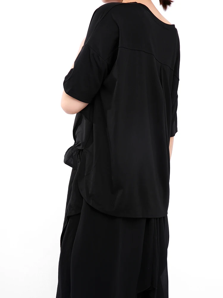 

[EAM] Women Black Ruffles Split Irregular Big Size T-shirt New Round Neck Half Sleeve Fashion Tide Spring Summer 2021 1U80601