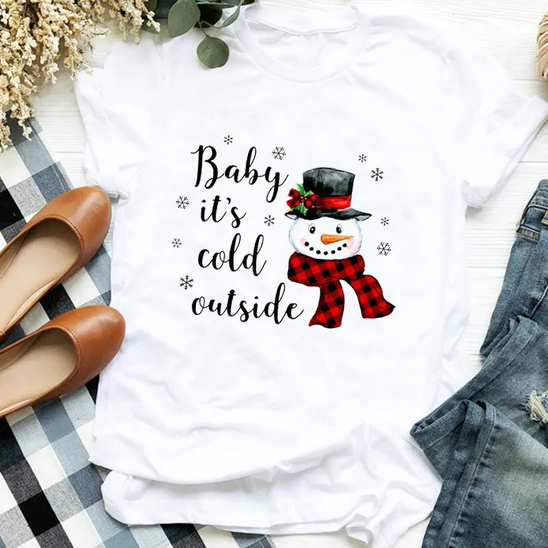 Женская клетчатая футболка со снеговиком забавная Новогодняя одежда на осень и