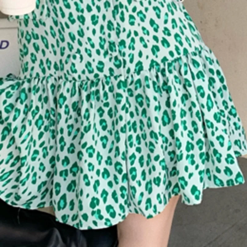 

Korean Fashion Leopard Print Short Sleeve Mini Dress Elegant Casual Ruffle Double Breasted Vestidos De Mujer Notched 2021 Summer