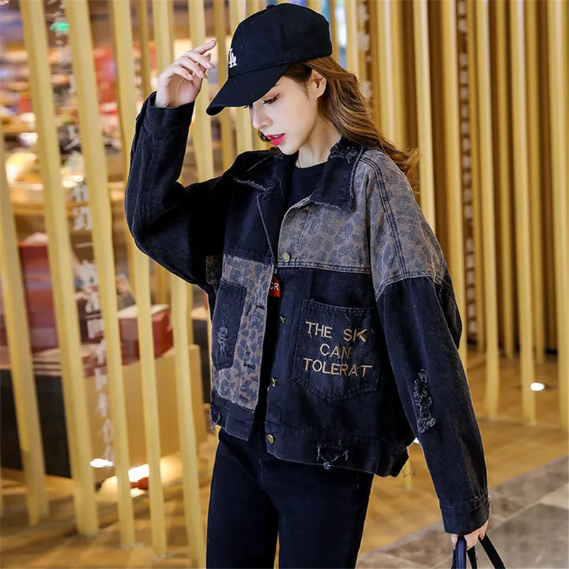 

Leopard Print Spliced Denim Jackets Women Pocket Embroidery Fashion Ripped Jeans Jacket Streetwear Loose Short Jeans Coat Female