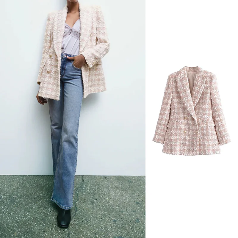 

Женский твидовый двубортный жакет Za, винтажный повседневный жакет в клетку с длинным рукавом, верхняя одежда, осень 2021