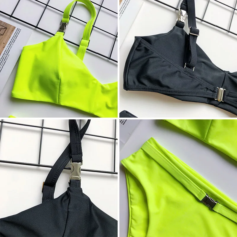 INGAGA High Waist Brazilian Bikinis Sexy Push Up Swimsuit Female Solid High Cut Swimwear Women Black Belted New Biquini
