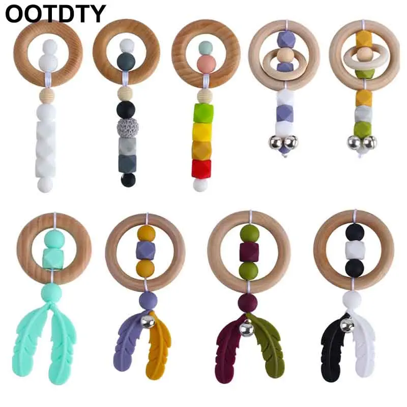 

Baby Beech Wooden Circle Teether Infants BPA Free Silicone Beads Feather Teething Soother Molar Rattle Toys Newborn Shower Gifts