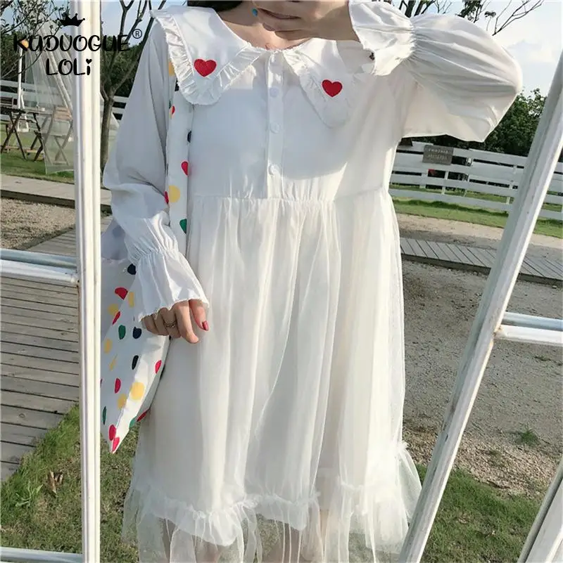 Японское милое белое платье для куклы с воротником длинным рукавом вышивкой в