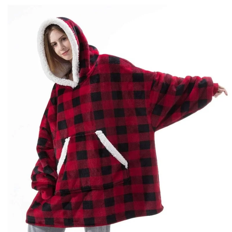 

Oversized Sweatshirt Women Hoodies Flannel Warm Hooded Tops Wearable Blanket Hoodie Winter Thicken Warm Patch Home Wear