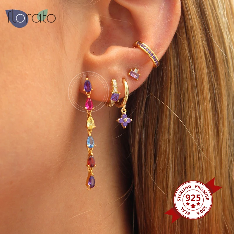 

925 Sterling Silver CZ Pop Rainbow Crystal Earring Bohemian Girl Drops Of Water Pendant Stud Earring Women Party Birthday Gift