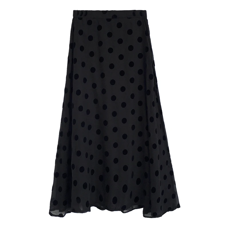 Женская длинная юбка в горошек черная трапециевидная из тонкого шифона средней
