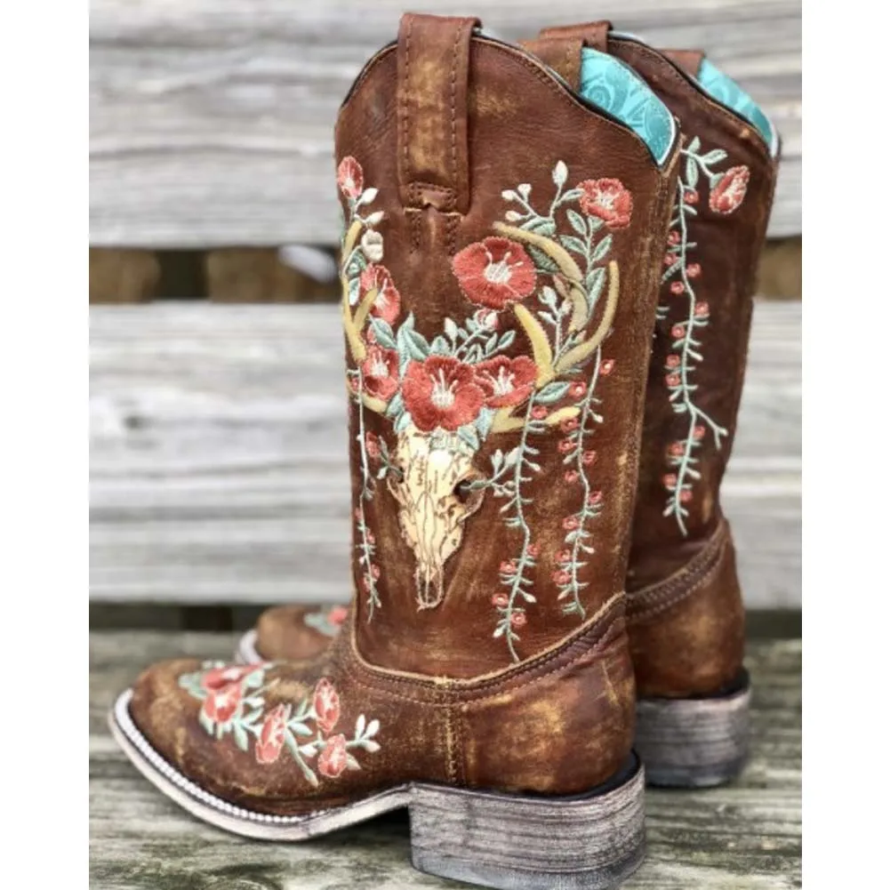 

Dropship On Sale Large Size 34-43 woman shoes Embroider Low Heels Sqaure Toe Slip-On Cowboy Boots Flower Autumn
