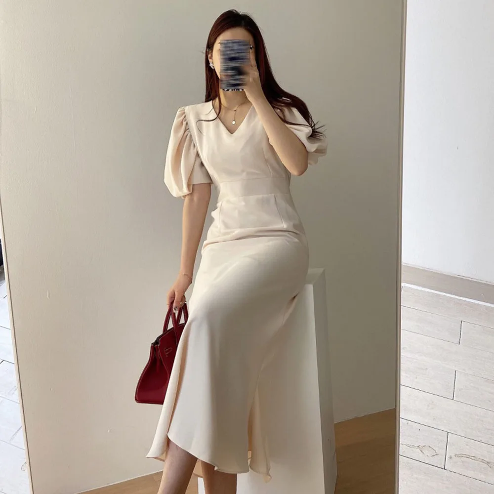 

Korean Fashion Summer Dress 2021 Fashion Temperament Casual Elegant Simple Thin Solid Color High Waist V-neck Lantern Sleeve