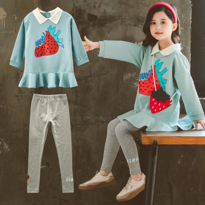 

Spring Autumn Teenage Sportswear Girs Clothing Set Suits Sweater Ruffle Top + Stretch Pants 2-Piece Fashion Children Outfits