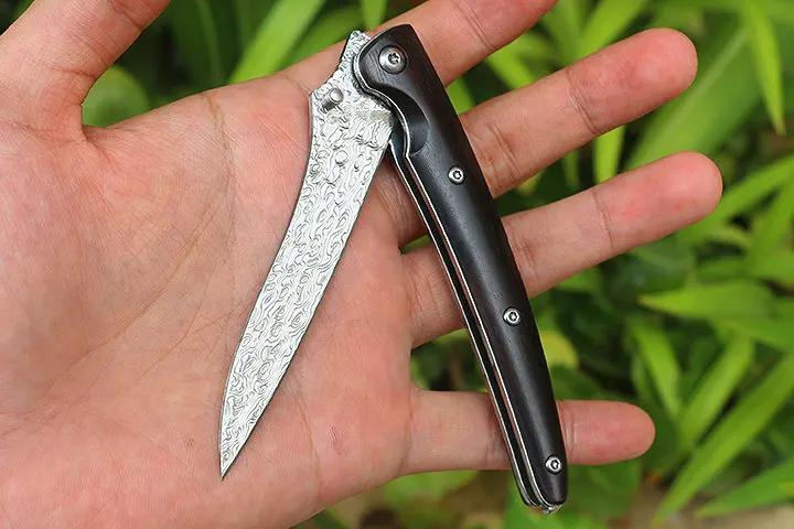 

Damascus Steel CSGO Ebony Handle Portable Pocket Nylon Sleeve Folding Knife Sharp Outdoor Hunting Slicing Fruit Knife EDC Tool