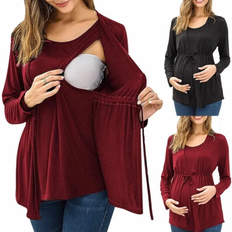 

2020 Autumn New Solid Color round Neck Long-Sleeved Nursing Clothes Fashion Waist Hugging Long-Sleeved Maternity Clothes