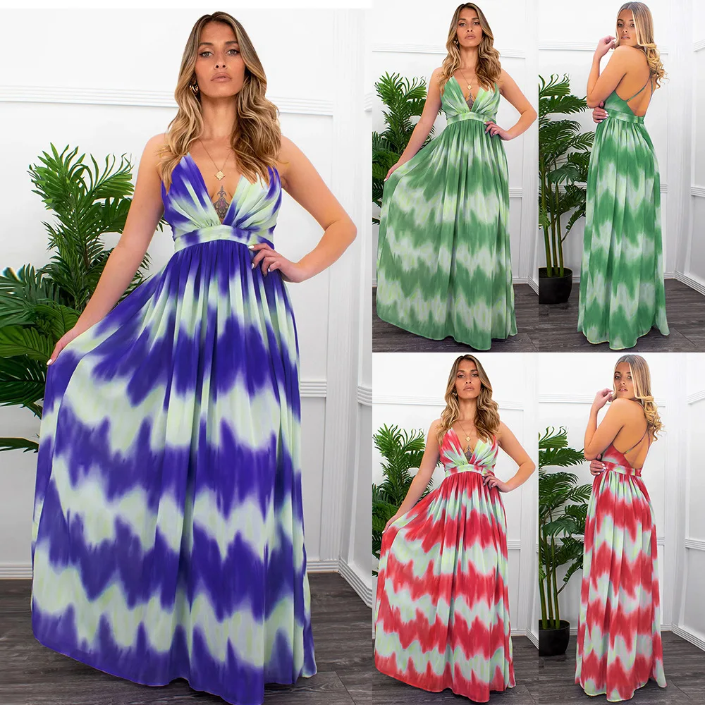 

Elegant Summer Dress Women Sexy Deep V-neck Backless Party Dresses Fashion Gradient Tie-dye Printed Maxi Robe Vestidos Casual