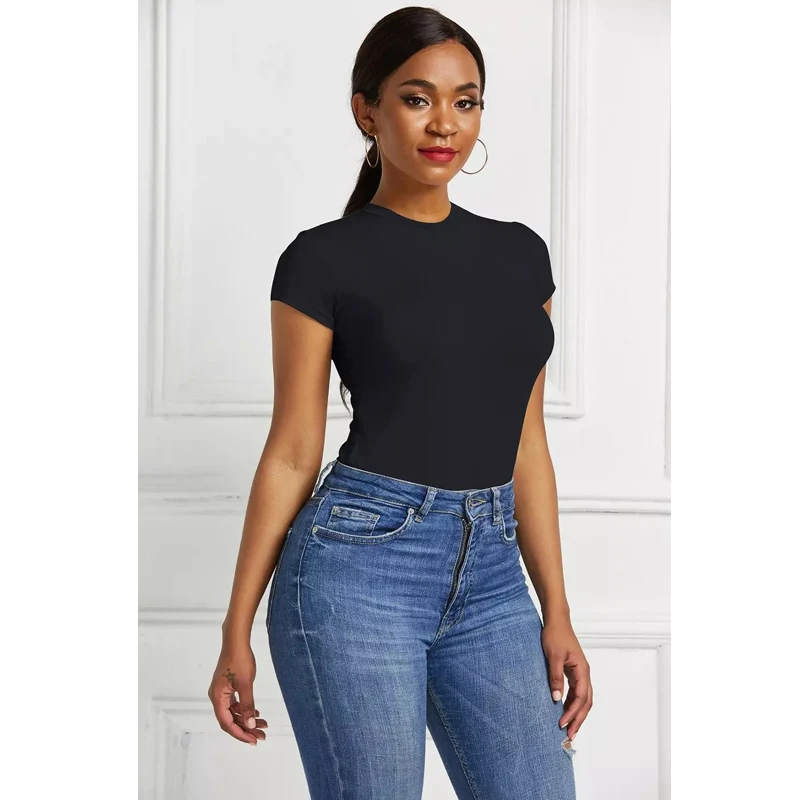 

Summer Bodysuit Women Round Neck Skinny Short Sleeve Tops Black Minimalist Solid Slim Fitted Ladie Jumpsuit Bodys Para Mujer