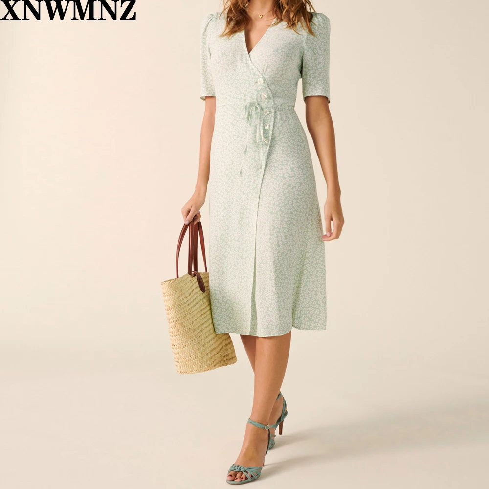 

V-neck Buttons Summer Dress Women green Lace-up Vintage Beach Dress Women Floral Printed Dress Femme Tea Dress za robe XNWMNZ