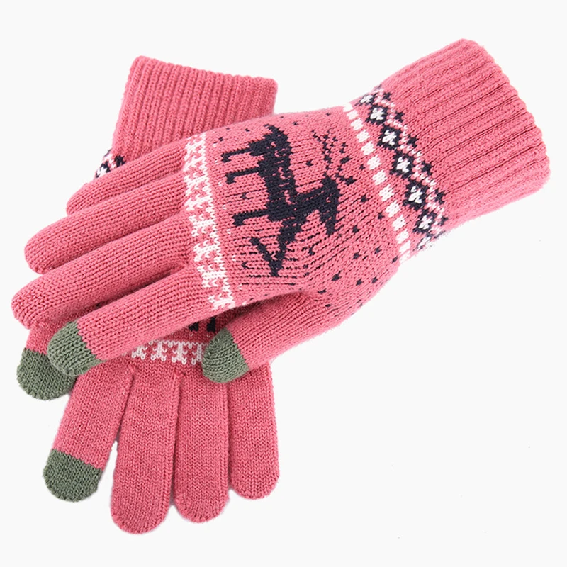 Women NEW Christmas Elk Deer Gloves Knitted Thicken Winter Warm Touch Screen Gloves Full Finger Mittens Red Pink Black Gloves