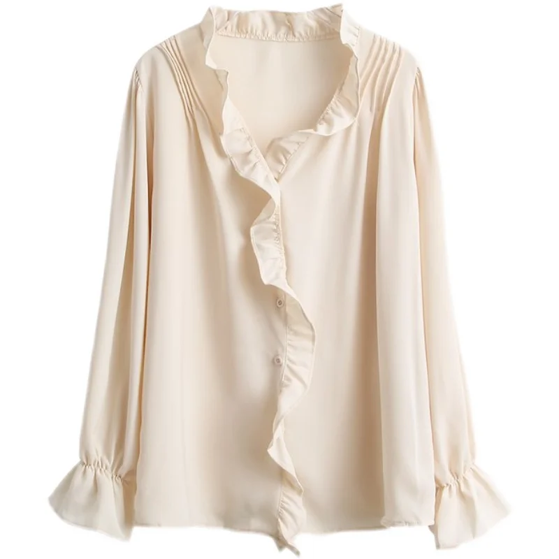 

COIGARSAM Ruffles blouse women New Spring Full Sleeve Solid Chiffon blusas womens tops and blouses White Apricot Black 02088