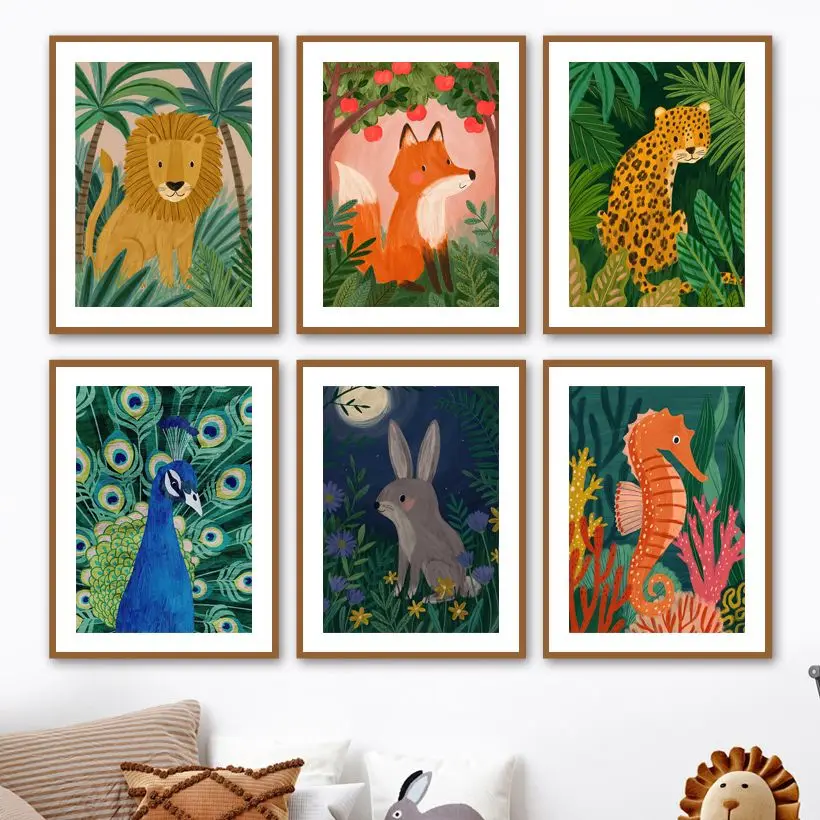 Тропические джунгли льва лисы леопарда кролика павлина детской стены искусства
