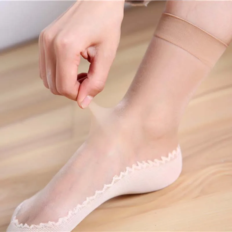 

1 Pair Spring Summer Women Soft Socks Casual Non-Slip Bottom Splice Fashion Transparent Ladies Girls Thin Silk Sock