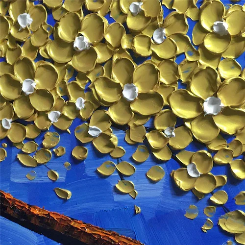 

ORIGINAL Modern Hand Painted Gold Flowers Tree In The Blue Background