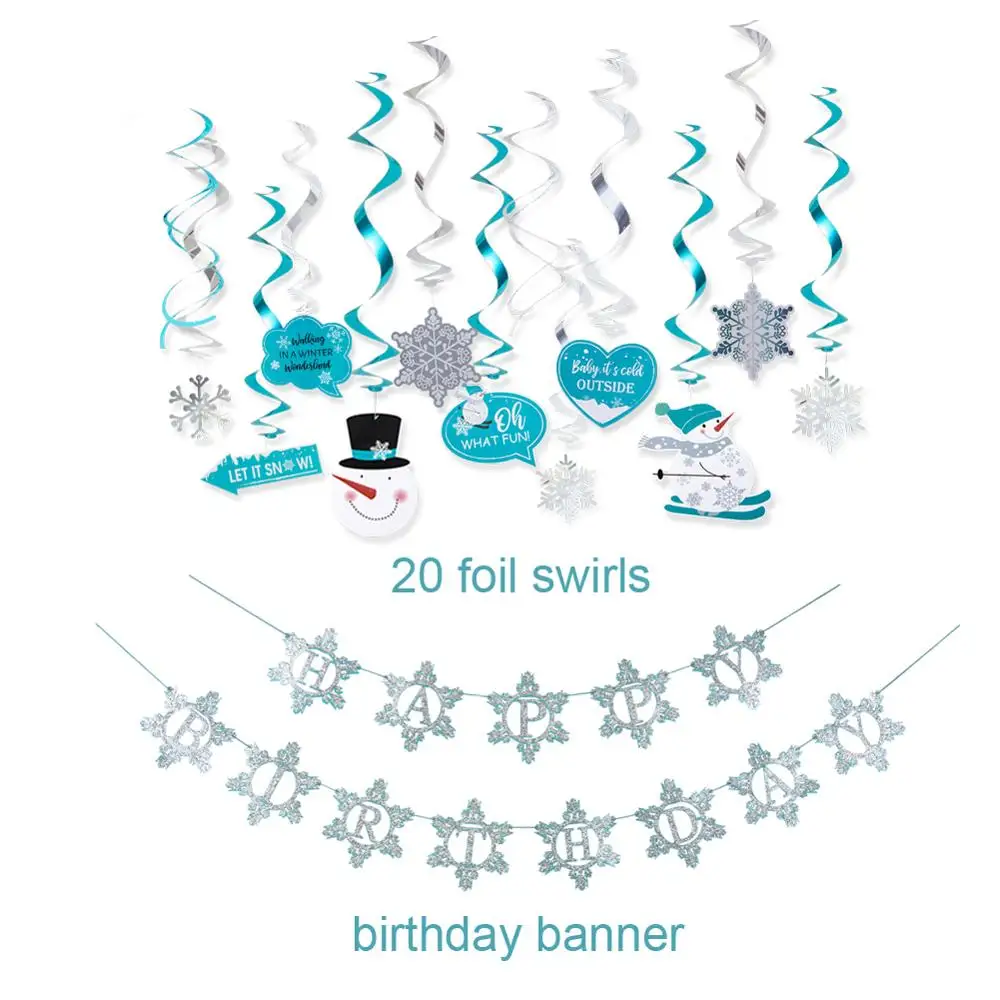 Winter Wonderland Party Swirls Hanging Decorations Happy Birthday Banner Ice Snow Garland Baby Shower Christmas | Дом и сад