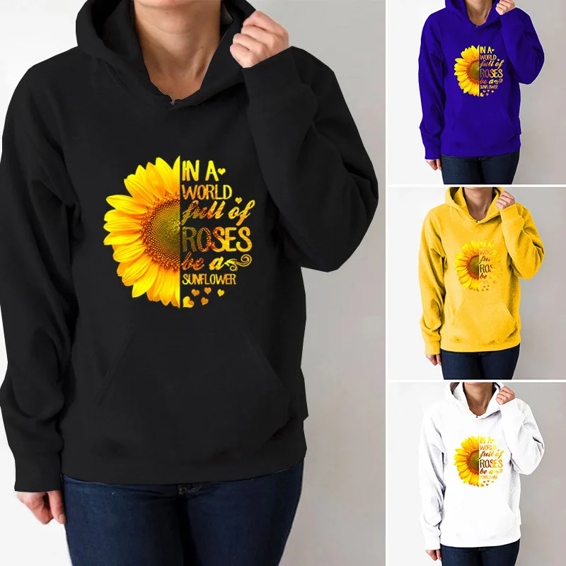 

Sunflower Letter Printed Hoodies Women Fleece Long Sleeve Loose Sweatshirt with Hat Girls Women Hoodie Pullovers Winter