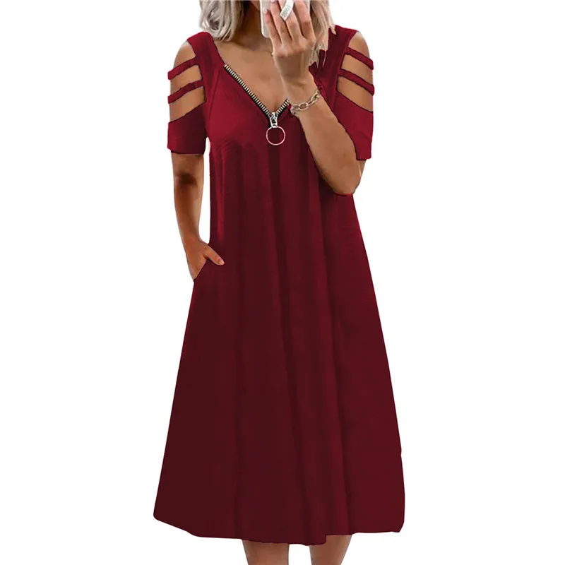 

New Women Waffle Solid Hollow Out Short Sleeve Dress Summer Sexy Deep V Zipper Midi Dress Loose Casual Blue Ladies Dress Vestido