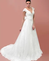 white tulle lace appliques short sleeves v neck floor length ball gown wedding dress chapel train custom made