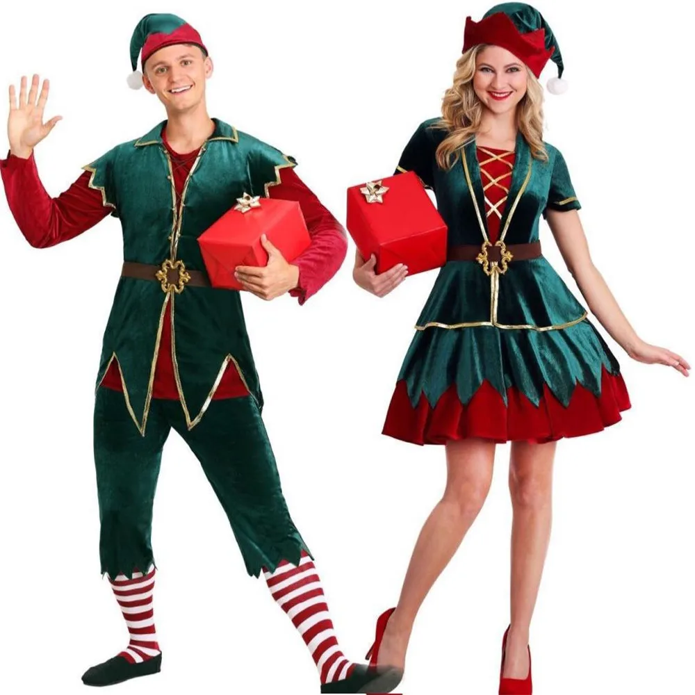 New Christmas costumes for men and women couples Elf costume party red green | Тематическая одежда и униформа
