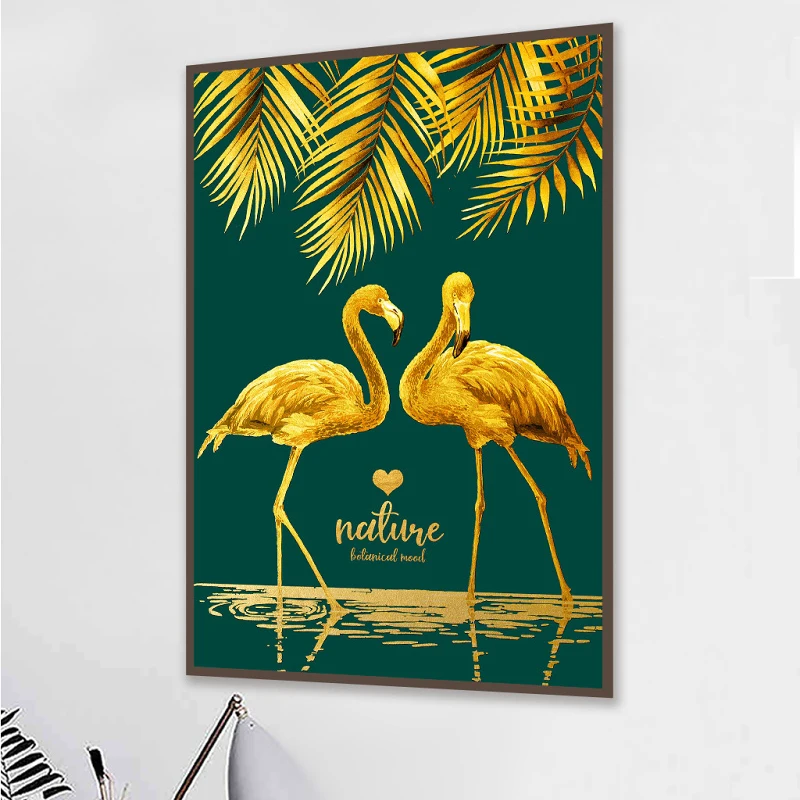 

Nordic Canvas Poster Painting Romantic Golden Flamingo Plant Leaf Print Animal Painting Modern Wall Art Poster Home Decor 5-70