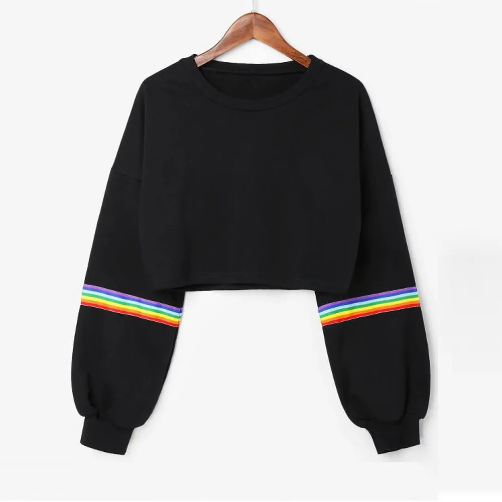 

Zoulv 2021 Spring Sweatshirt Long-sleeved Stitching Rainbow Strip Round Neck Ladies Tops Short Cropped Casual Pullover Tops