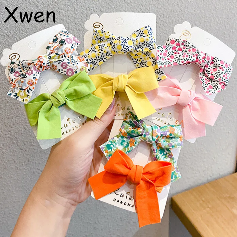 

[Xwen] 2 Pieces/set Floral Bow Children Hairpin Kids Headdress Printed Side Bangs Clip Fashion Accessories OH2137