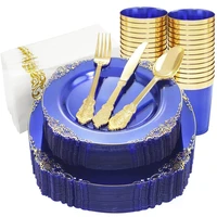 70pcs disposable tableware transparent blue plastic dinner plate golden plastic silverware cup napkin set birthday decorations